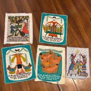 Vintage Wert Hand Printed Linen Days of Christmas Nativity Fabric Panels 5pc